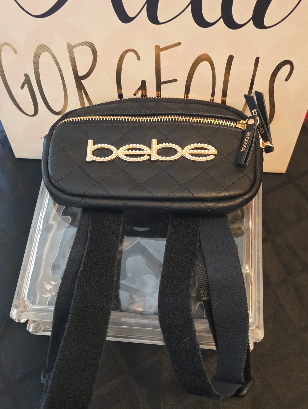 bebe Black Quilted Logo Belt Bag with Gold Hardware
